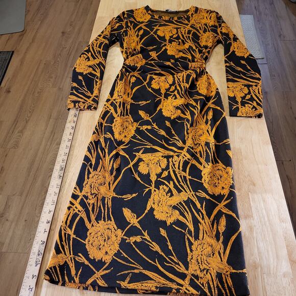 Zara Bodycon Yellow Floral Print Knit Stretch Waist Cutouts Midi Length - Picture 1 of 12